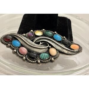 Vintage Navajo LY Sterling Feather/Multi Gemstone Cabochon Brooch/Pendant